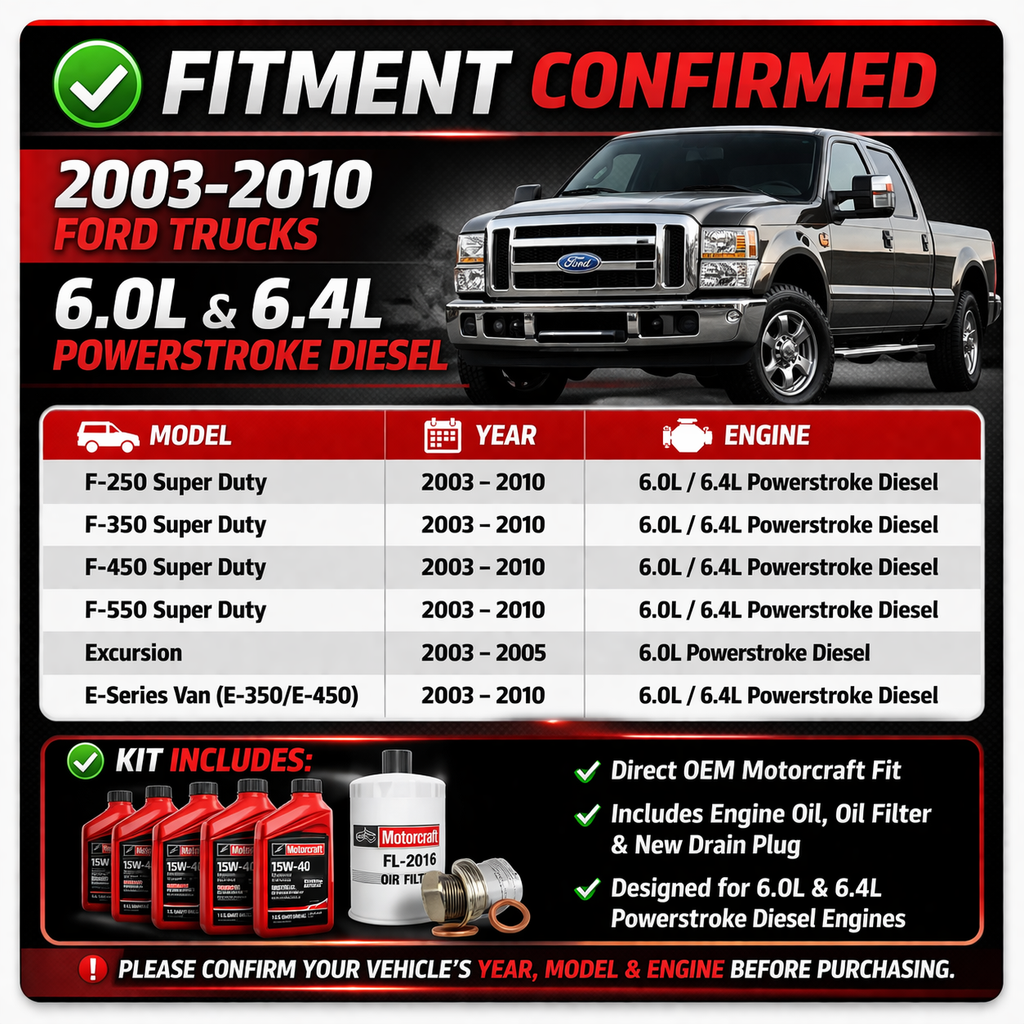 Ford Powerstroke 6.0L / 6.4L Oil Change Kit – Motorcraft FL2016 Filter, Engine Oil & Drain Plug (2003–2010 Super Duty) w/ Install Guide