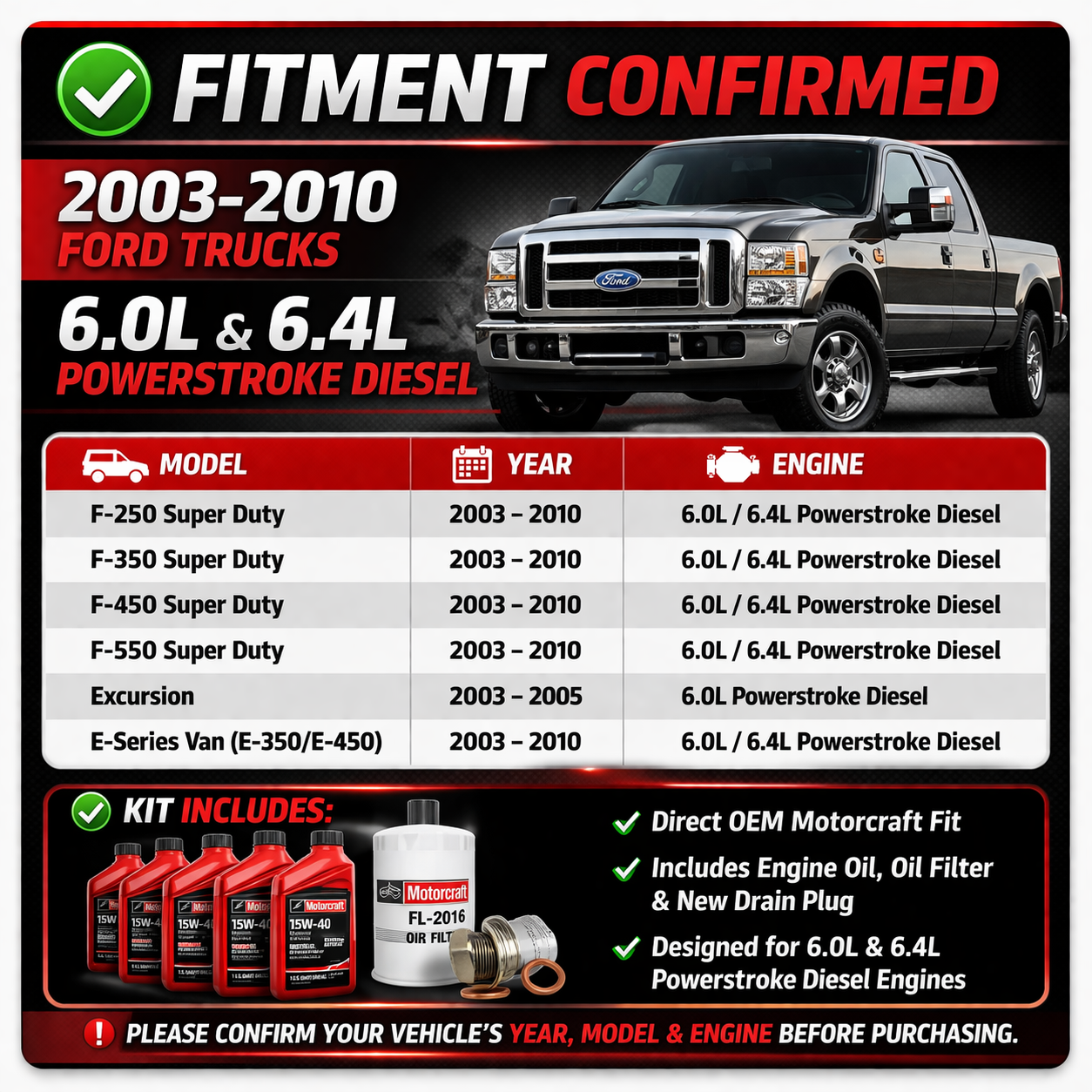 Ford Powerstroke 6.0L / 6.4L Oil Change Kit – Motorcraft FL2016 Filter, Engine Oil & Drain Plug (2003–2010 Super Duty) w/ Install Guide
