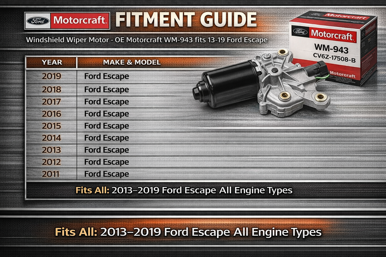 Motorcraft WM-943 Windshield Wiper Motor Driver Side for Ford Escape 2013–2019 | OEM Front Left Wiper Motor + FREE Installation Video