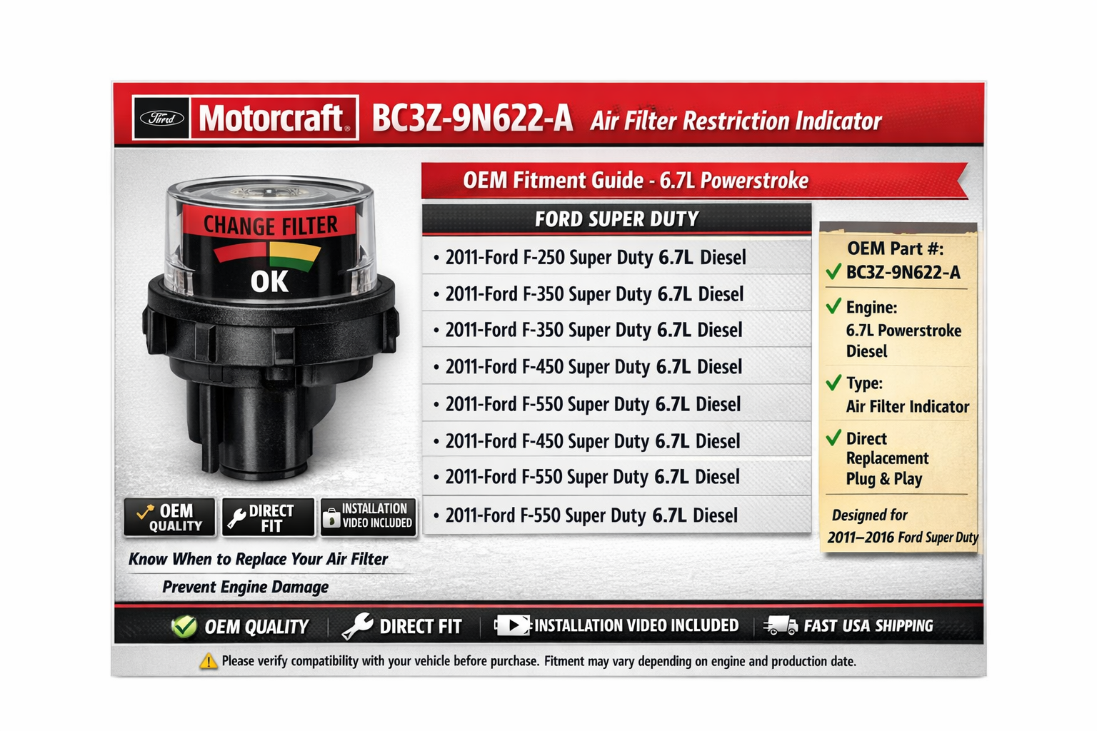 Motorcraft BC3Z-9N622-A Air Filter Indicator OEM for Ford 6.7L Powerstroke (2011–2016 F-250/F-350 Super Duty) | + Installation Video
