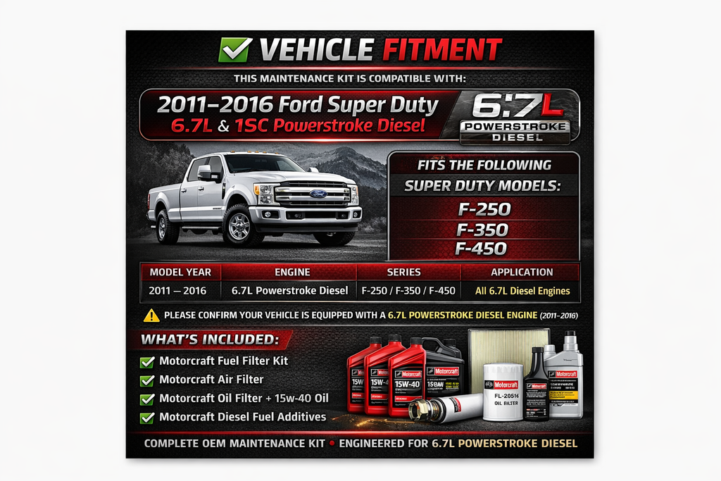 Motorcraft Total Service Kit for Ford 6.7L Powerstroke Diesel (2011–2016 F-250 F-350 F-450) – Oil, Air & Fuel Filters + Additives + Installation Video