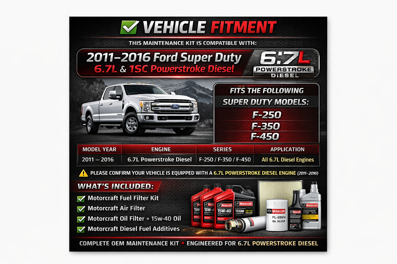 Motorcraft Total Service Kit for Ford 6.7L Powerstroke Diesel (2011–2016 F-250 F-350 F-450) – Oil, Air & Fuel Filters + Additives + Installation Video