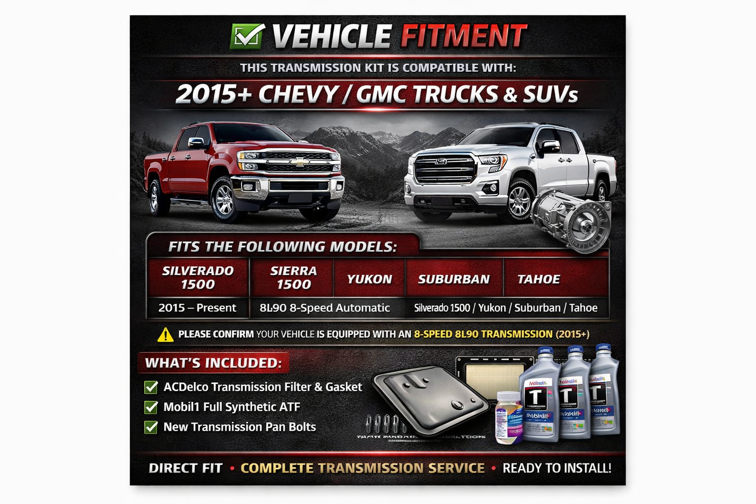 GM ACDelco 8L90 Transmission Service Kit with Mobil 1 ATF for 2015+ Chevy Silverado & GMC Sierra / Yukon / Tahoe / Suburban – 8-Speed Automatic Fluid Change Kit + Installation Video