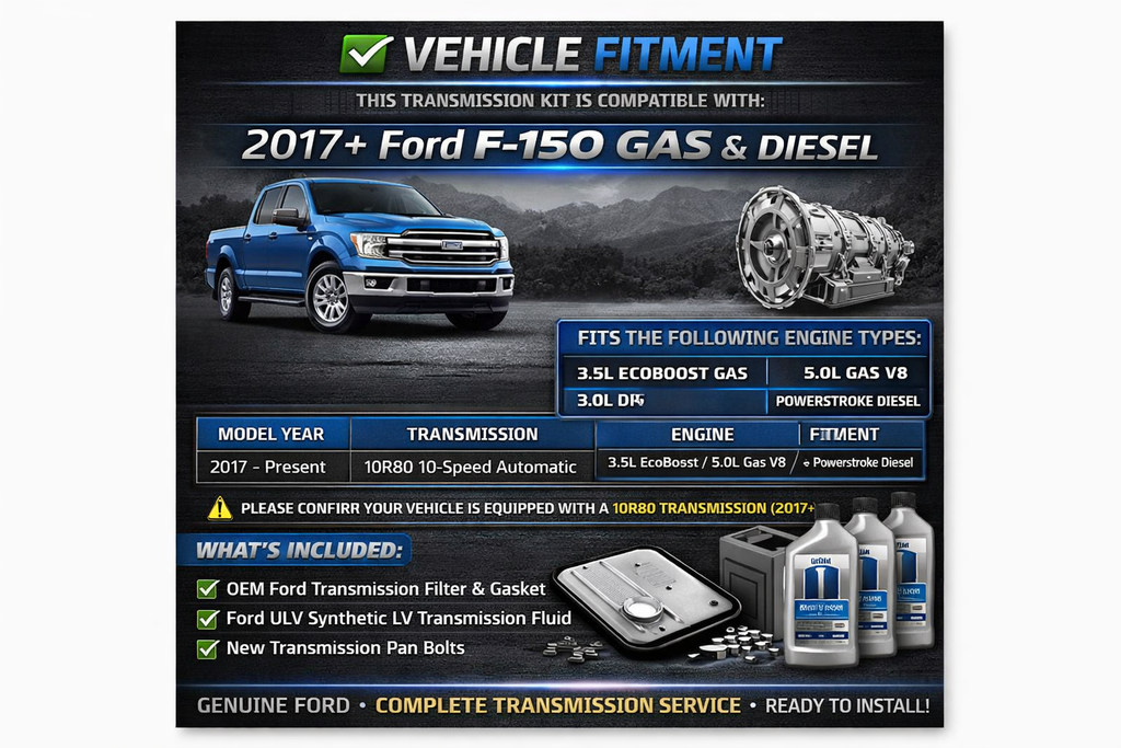 OEM Ford 10R80 Transmission Service Kit with ULV Fluid for 2017+ F-150 (3.5L EcoBoost, 5.0L V8, 3.0L Diesel) – Complete 10-Speed Fluid Change Kit + Installation Video