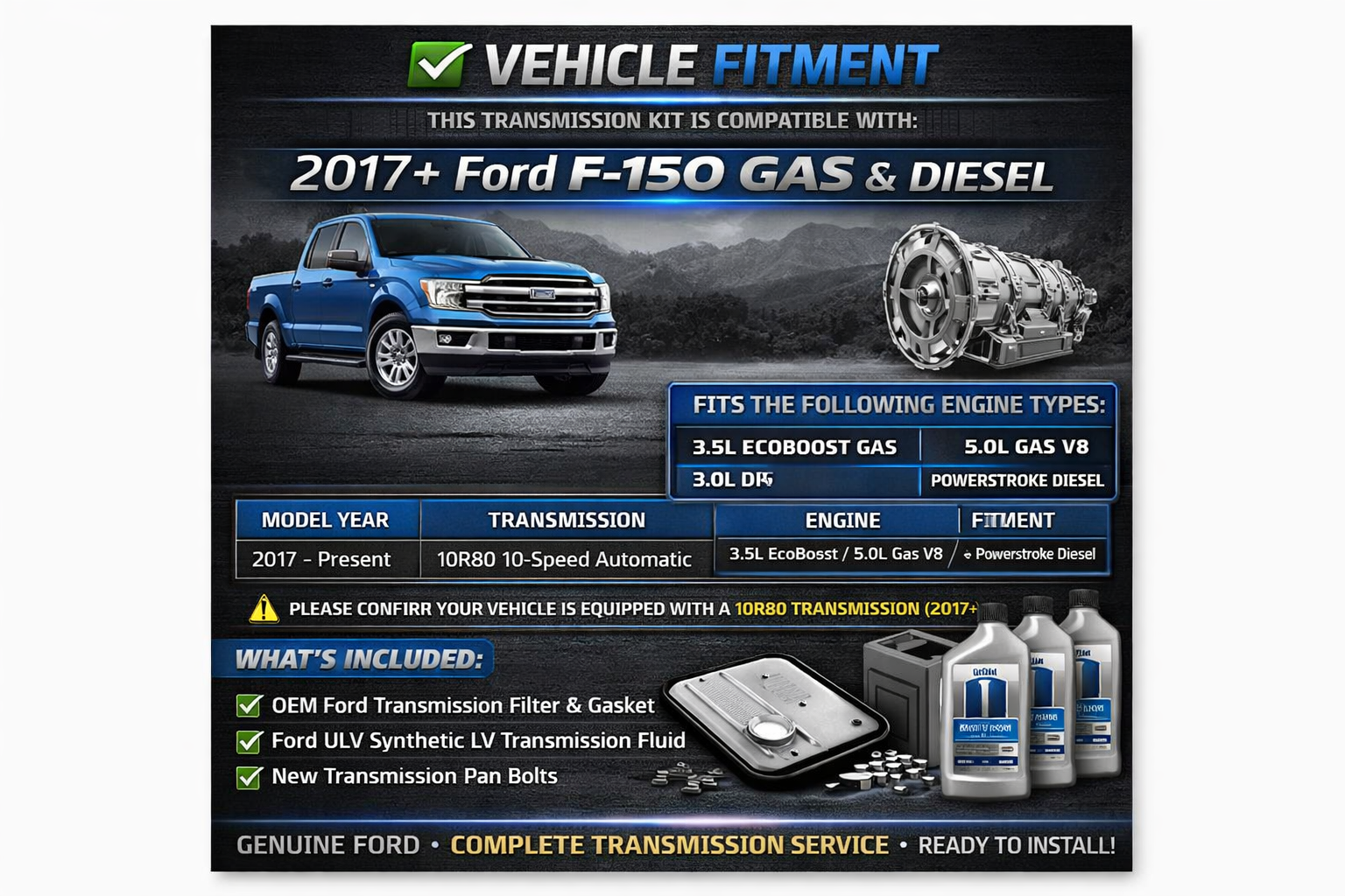 OEM Ford 10R80 Transmission Service Kit with ULV Fluid for 2017+ F-150 (3.5L EcoBoost, 5.0L V8, 3.0L Diesel) – Complete 10-Speed Fluid Change Kit + Installation Video